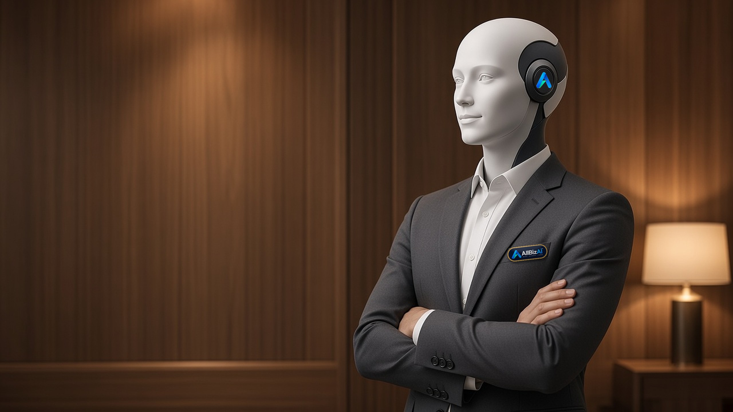 Trained AI agent standing with arms crossed in a warm office